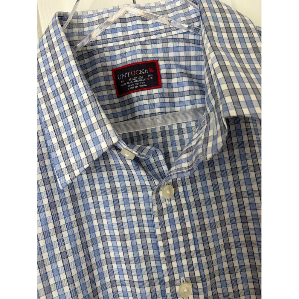 UNTUCKit Button Down Mens M Blue White Plaid Slim Tall Wrinkle Free Shirt Preppy
